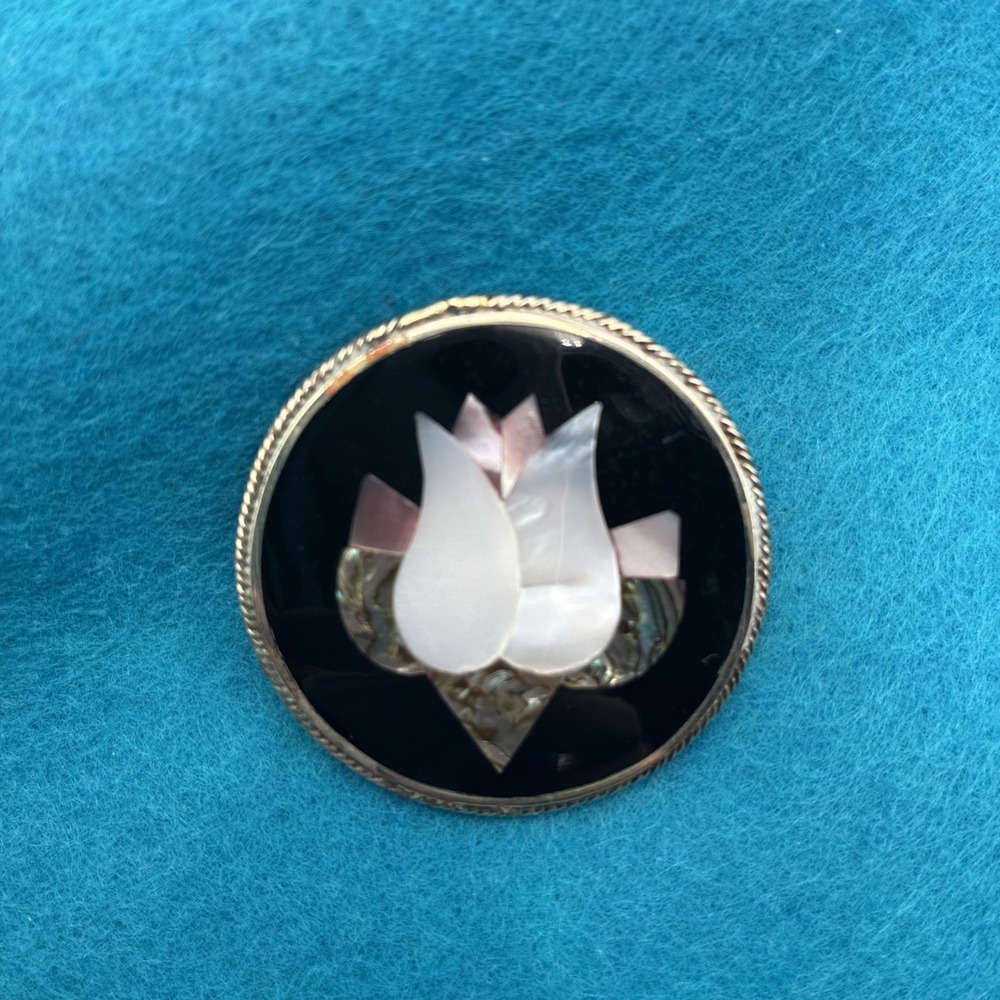 Vintage Alpaca Mexico Silver Mother of Pearl Abalone Shell Tulip Flower Brooch